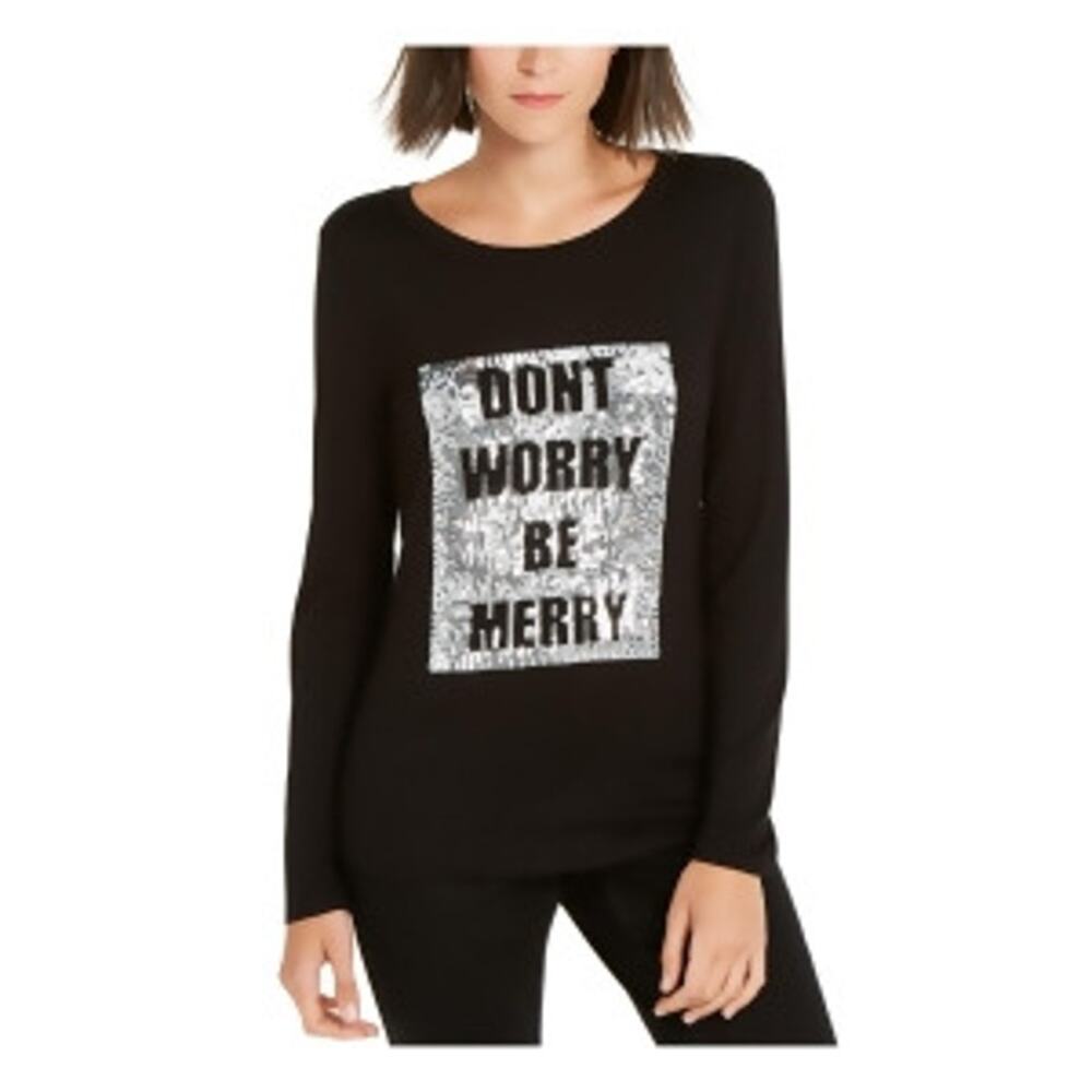 INC Long Sleeve Sequined Don't Worry Be Merry Pullover Top Black Silver Women XS